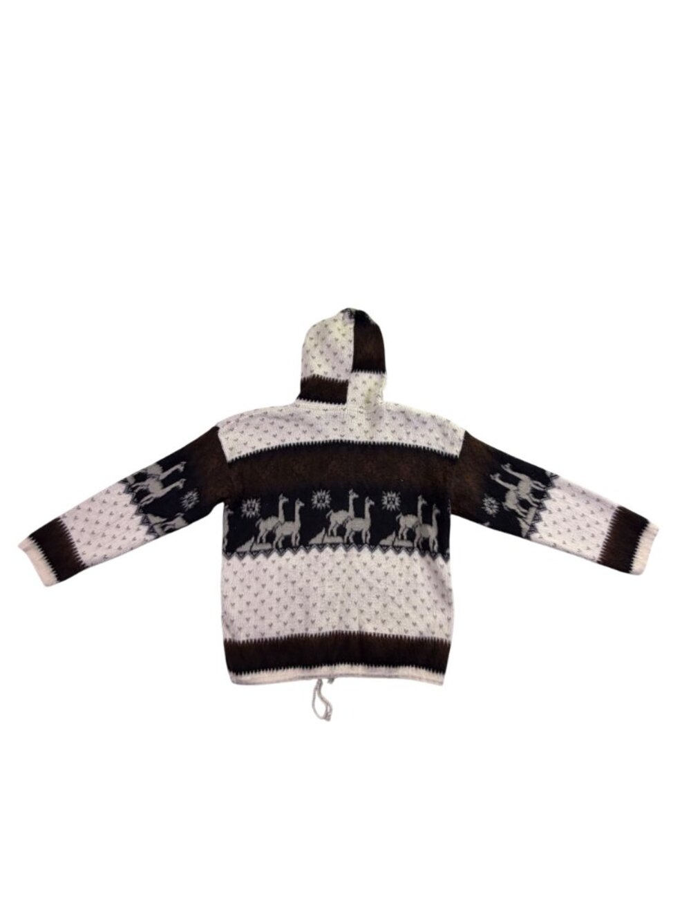 Yari Artesanias Unisex Brown & White Wool Alpaca Pattern Full-Zip Sweater Hoodie - Picture 3 of 10
